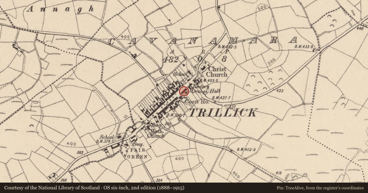 Ordnance Survey six-inch map, 2nd edition (1888–1915) covering the location of 10-14 Main Street, Trillick, Co Tyrone BT78 3SU, Fermanagh and Omagh, with a pin at the register's coordinates