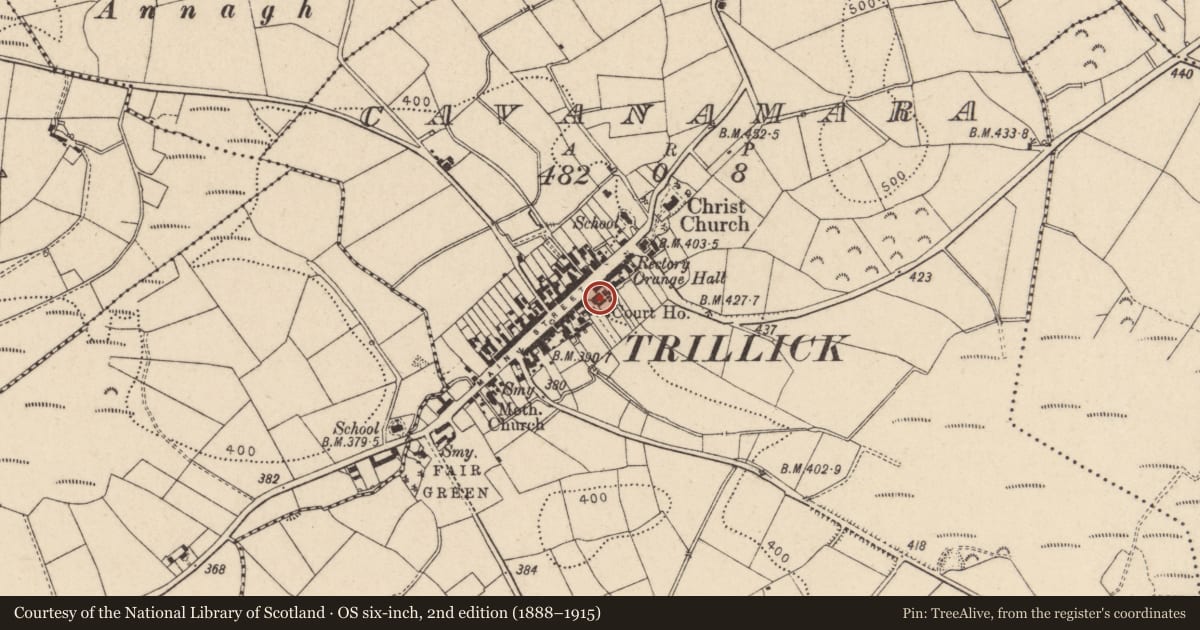 Ordnance Survey six-inch map, 2nd edition (1888–1915) covering the location of Market House, Main Street, Trillick, Co Tyrone, BT78 3SU, Fermanagh and Omagh, with a pin at the register's coordinates