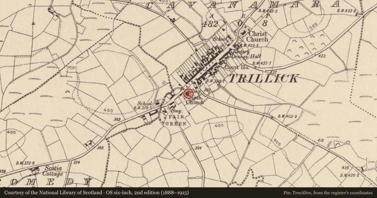 Ordnance Survey six-inch map, 2nd edition (1888–1915) covering the location of Methodist Church, Main Street, Trillick, Co Tyrone BT78 3SU, Fermanagh and Omagh, with a pin at the register's coordinates
