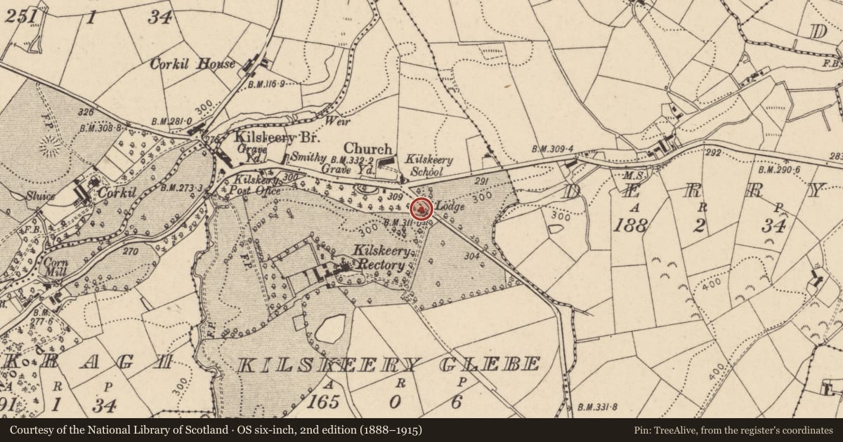 Ordnance Survey six-inch map, 2nd edition (1888–1915) covering the location of Gate Lodge at Glebe House, Fingerpost Road, Kilskeery, Trillick, Omagh, Co Tyrone BT78 3RQ, Kilskeery Glebe, Fermanagh and Omagh, with a pin at the register's coordinates