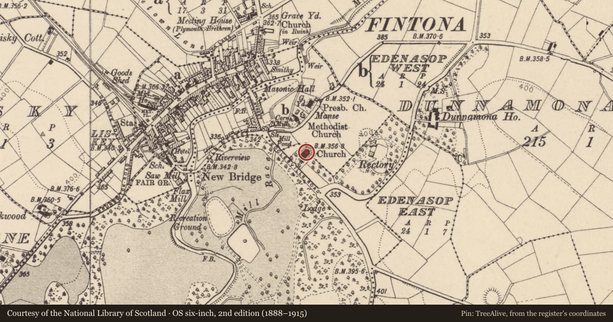 Ordnance Survey six-inch map, 2nd edition (1888–1915) covering the location of Donacavey Church of Ireland, Ecclesville Demesne, Fermanagh and Omagh, with a pin at the register's coordinates