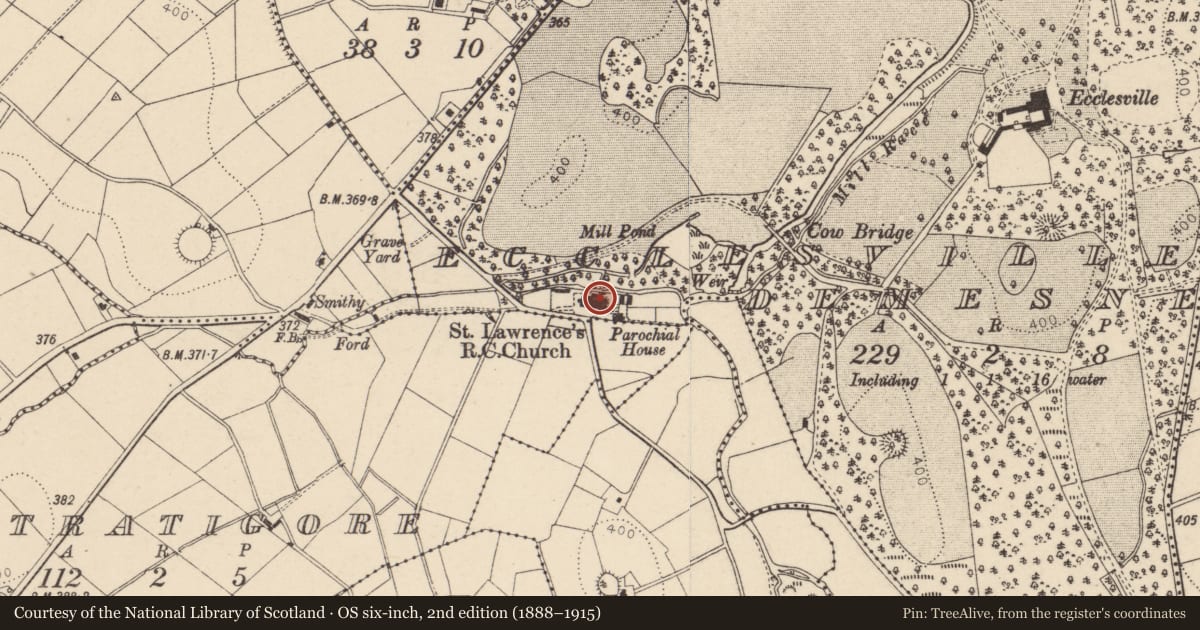 Ordnance Survey six-inch map, 2nd edition (1888–1915) covering the location of St Lawrence's Roman Catholic Church, Ecclesville Demesne, Fermanagh and Omagh, with a pin at the register's coordinates