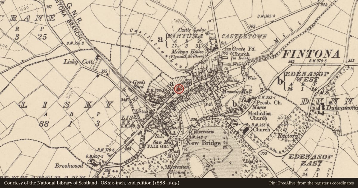 Ordnance Survey six-inch map, 2nd edition (1888–1915) covering the location of Northern Bank, Fintona, Fermanagh and Omagh, with a pin at the register's coordinates