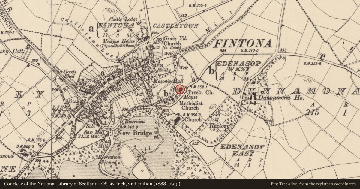 Ordnance Survey six-inch map, 2nd edition (1888–1915) covering the location of Presbyterian Church, Fermanagh and Omagh, with a pin at the register's coordinates