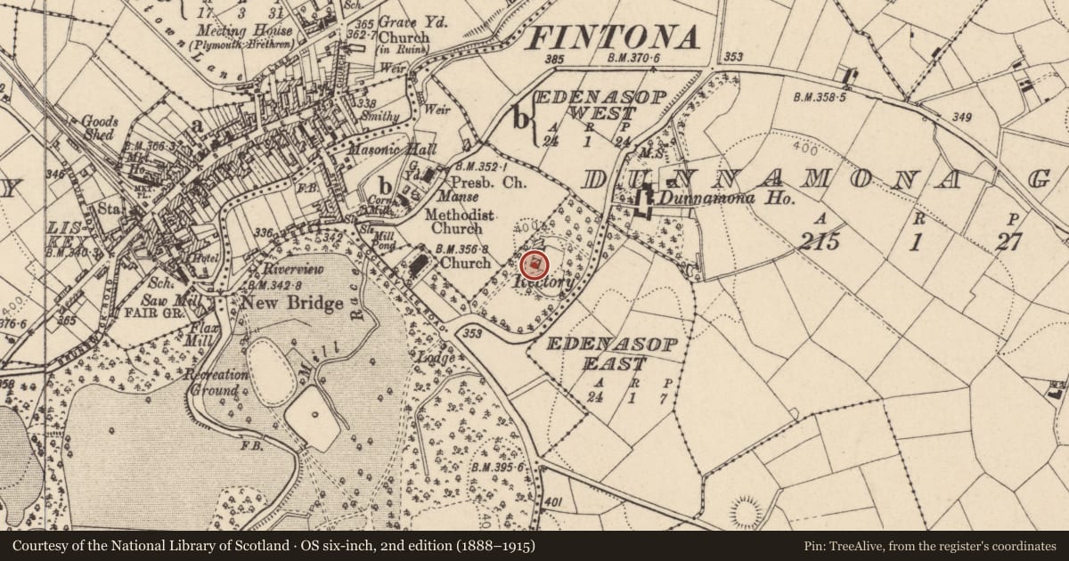 Ordnance Survey six-inch map, 2nd edition (1888–1915) covering the location of The Rectory, Fermanagh and Omagh, with a pin at the register's coordinates