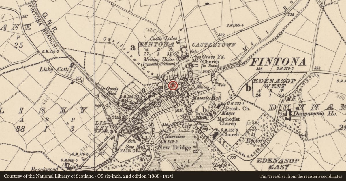 Ordnance Survey six-inch map, 2nd edition (1888–1915) covering the location of 23-25 Main Street, Fermanagh and Omagh, with a pin at the register's coordinates