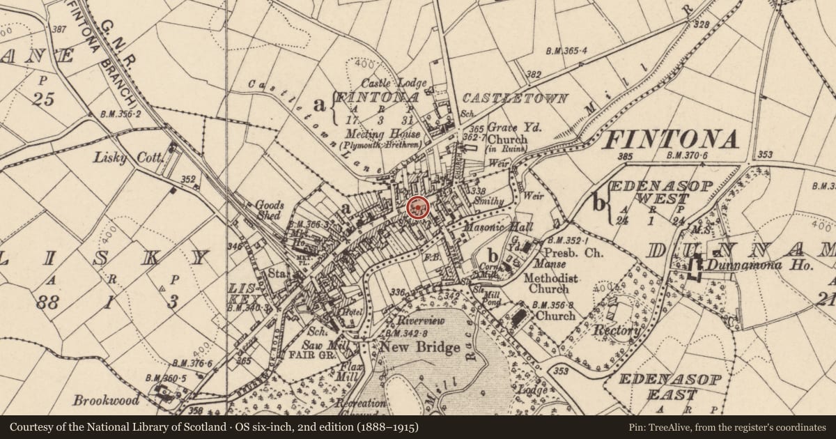 Ordnance Survey six-inch map, 2nd edition (1888–1915) covering the location of 36-42 Main Street, Fermanagh and Omagh, with a pin at the register's coordinates