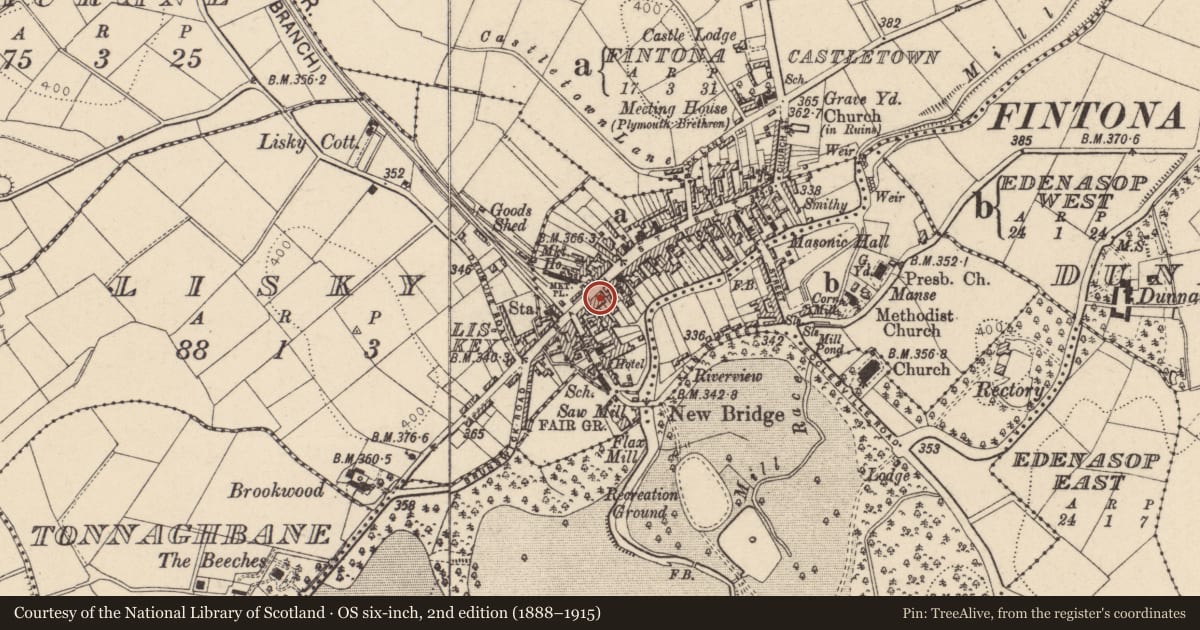 Ordnance Survey six-inch map, 2nd edition (1888–1915) covering the location of 116-118 Main Street, Fermanagh and Omagh, with a pin at the register's coordinates