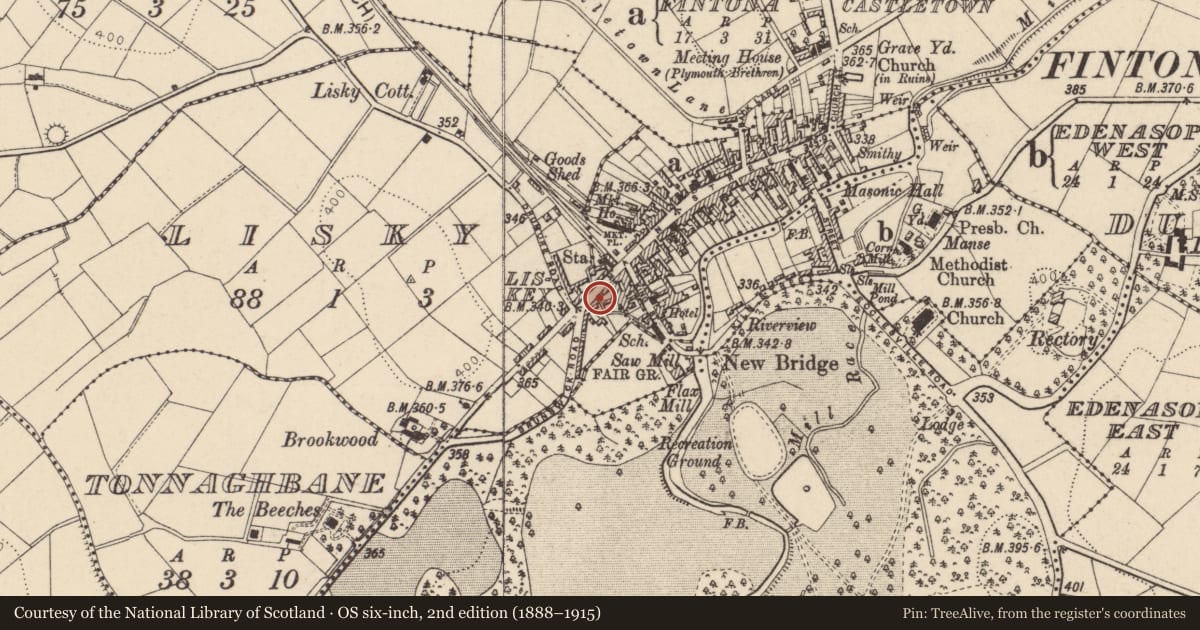 Ordnance Survey six-inch map, 2nd edition (1888–1915) covering the location of 150-152 Main Street, Fermanagh and Omagh, with a pin at the register's coordinates