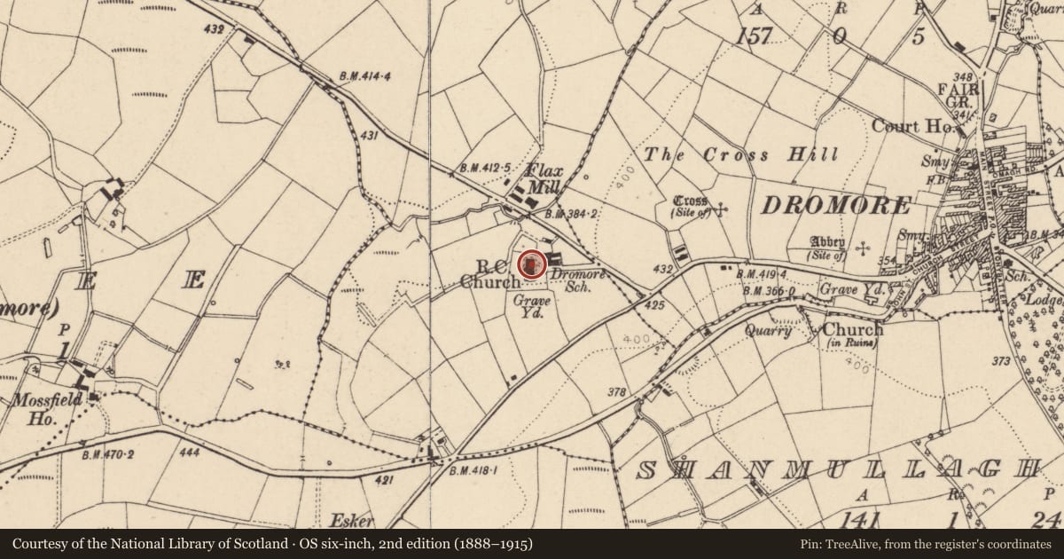 Ordnance Survey six-inch map, 2nd edition (1888–1915) covering the location of St Dympna RC Church, Aghadarragh, Fermanagh and Omagh, with a pin at the register's coordinates