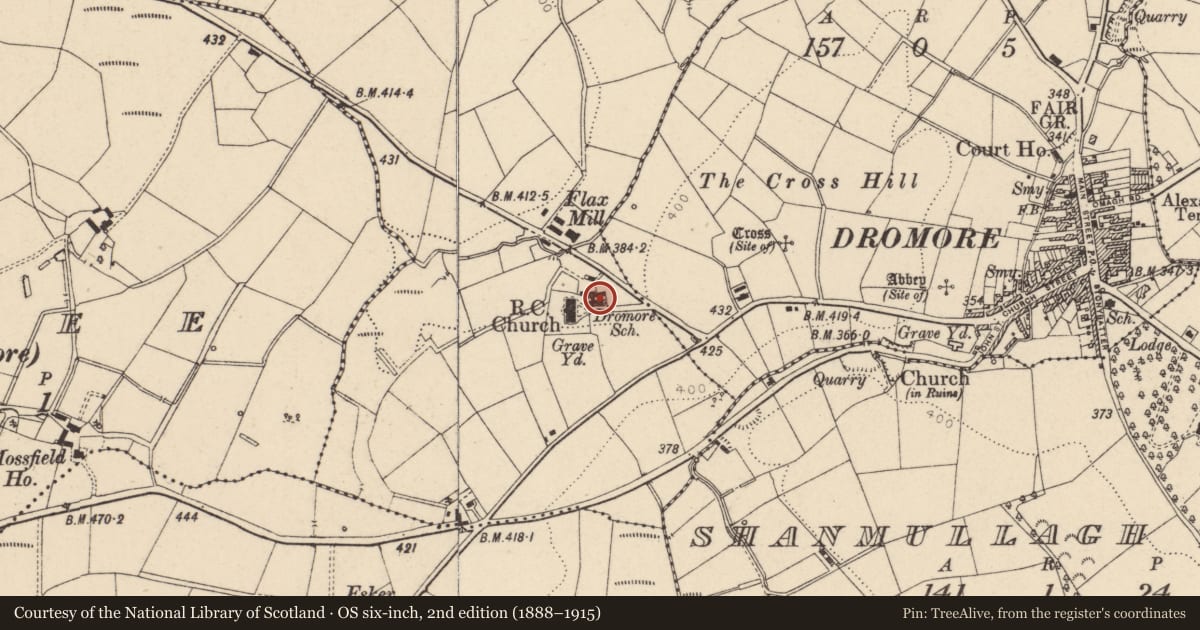 Ordnance Survey six-inch map, 2nd edition (1888–1915) covering the location of Former Primary School, Aghadarragh, Fermanagh and Omagh, with a pin at the register's coordinates