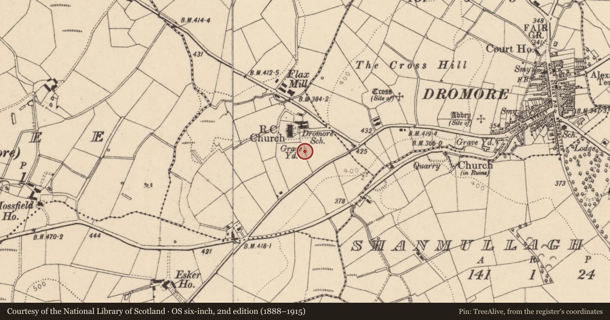 Ordnance Survey six-inch map, 2nd edition (1888–1915) covering the location of Tower, Aghadarragh, Fermanagh and Omagh, with a pin at the register's coordinates