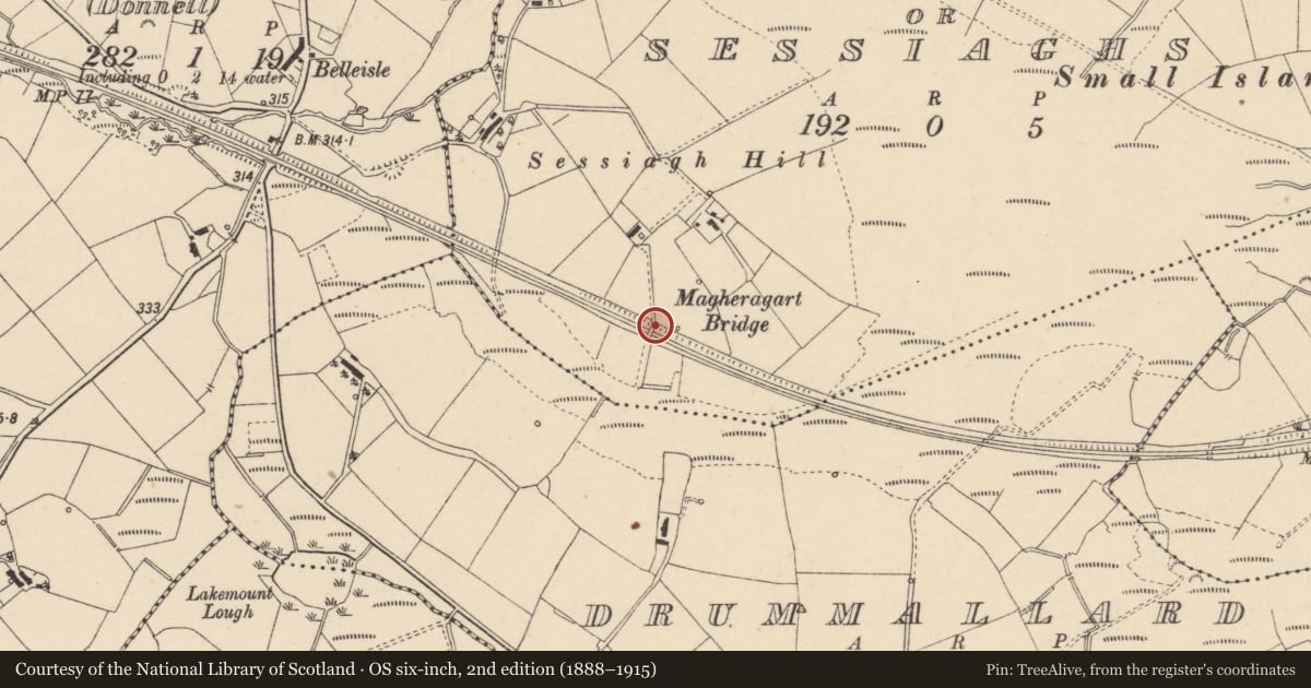 Ordnance Survey six-inch map, 2nd edition (1888–1915) covering the location of Magheragart Bridge, Fermanagh and Omagh, with a pin at the register's coordinates