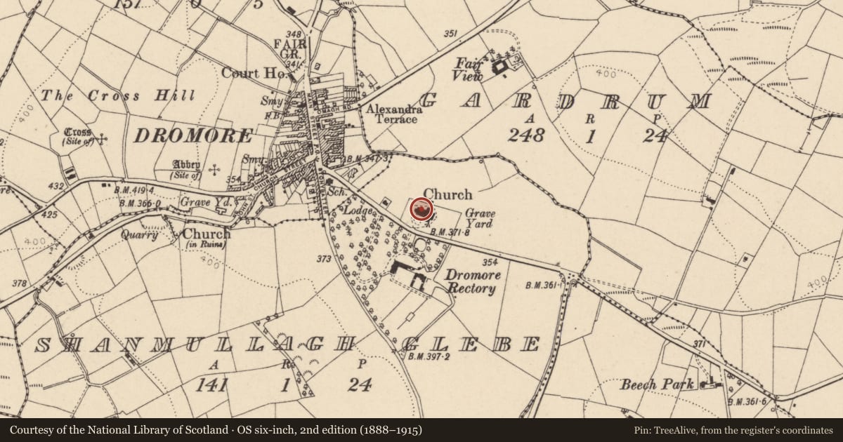 Ordnance Survey six-inch map, 2nd edition (1888–1915) covering the location of Holy Trinity C of I Church, Fermanagh and Omagh, with a pin at the register's coordinates