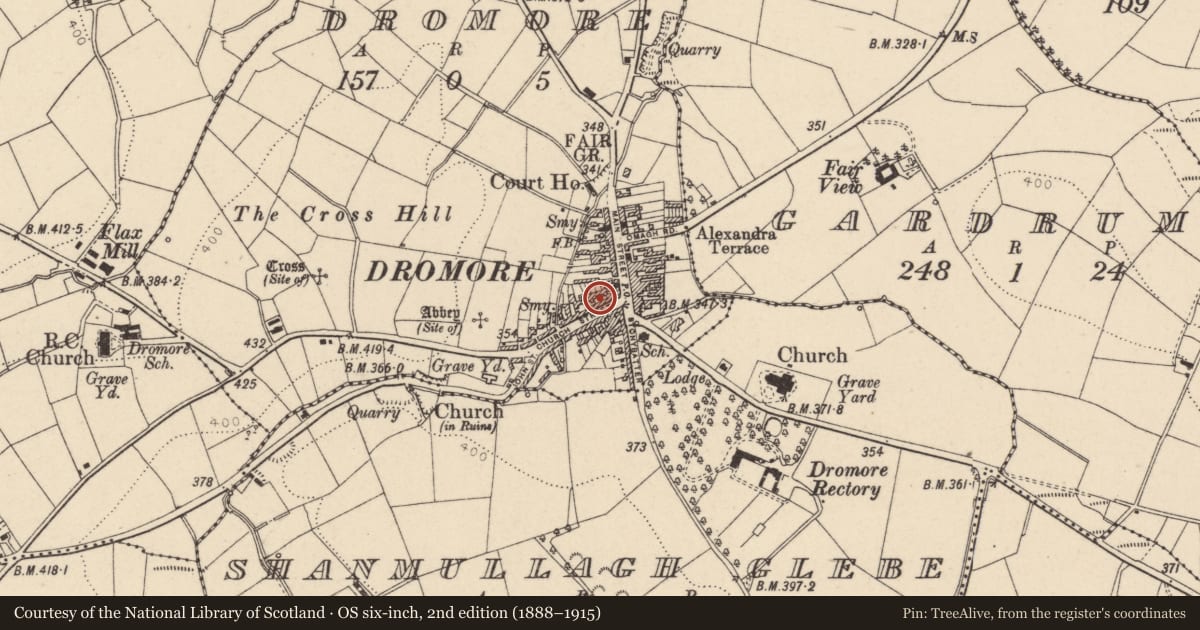 Ordnance Survey six-inch map, 2nd edition (1888–1915) covering the location of 11 Church Street, Dromore, Fermanagh and Omagh, with a pin at the register's coordinates