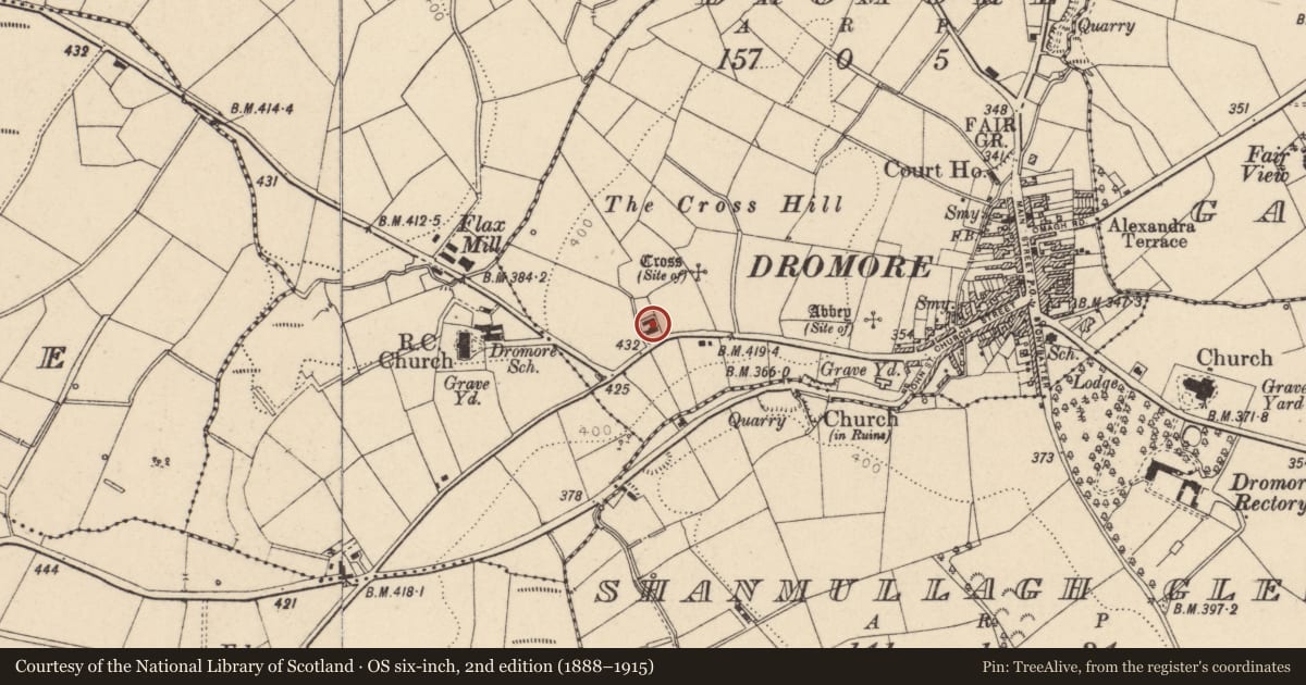 Ordnance Survey six-inch map, 2nd edition (1888–1915) covering the location of 25 Dympna's Road, Fermanagh and Omagh, with a pin at the register's coordinates