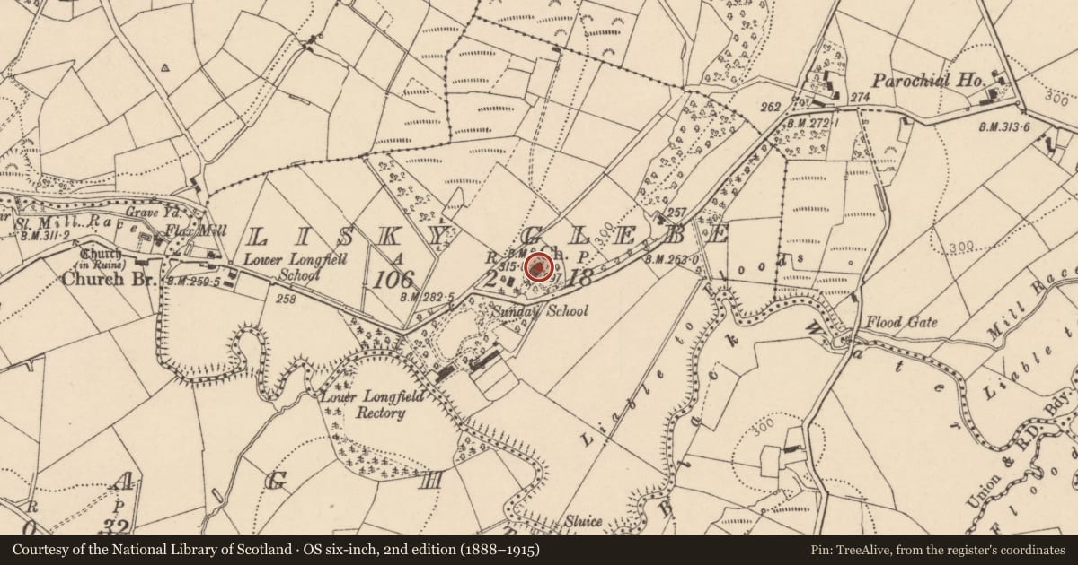 Ordnance Survey six-inch map, 2nd edition (1888–1915) covering the location of Lower Langfield Church, Lisky Glebe, Fermanagh and Omagh, with a pin at the register's coordinates