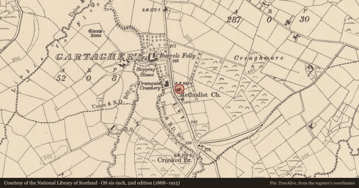 Ordnance Survey six-inch map, 2nd edition (1888–1915) covering the location of Drumquin Methodist Church, Drumnaforbe, Fermanagh and Omagh, with a pin at the register's coordinates