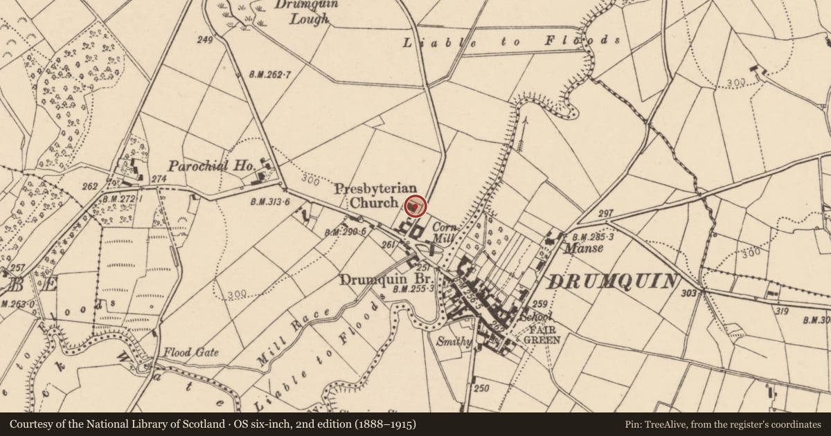 Ordnance Survey six-inch map, 2nd edition (1888–1915) covering the location of Presbyterian Church, Fermanagh and Omagh, with a pin at the register's coordinates