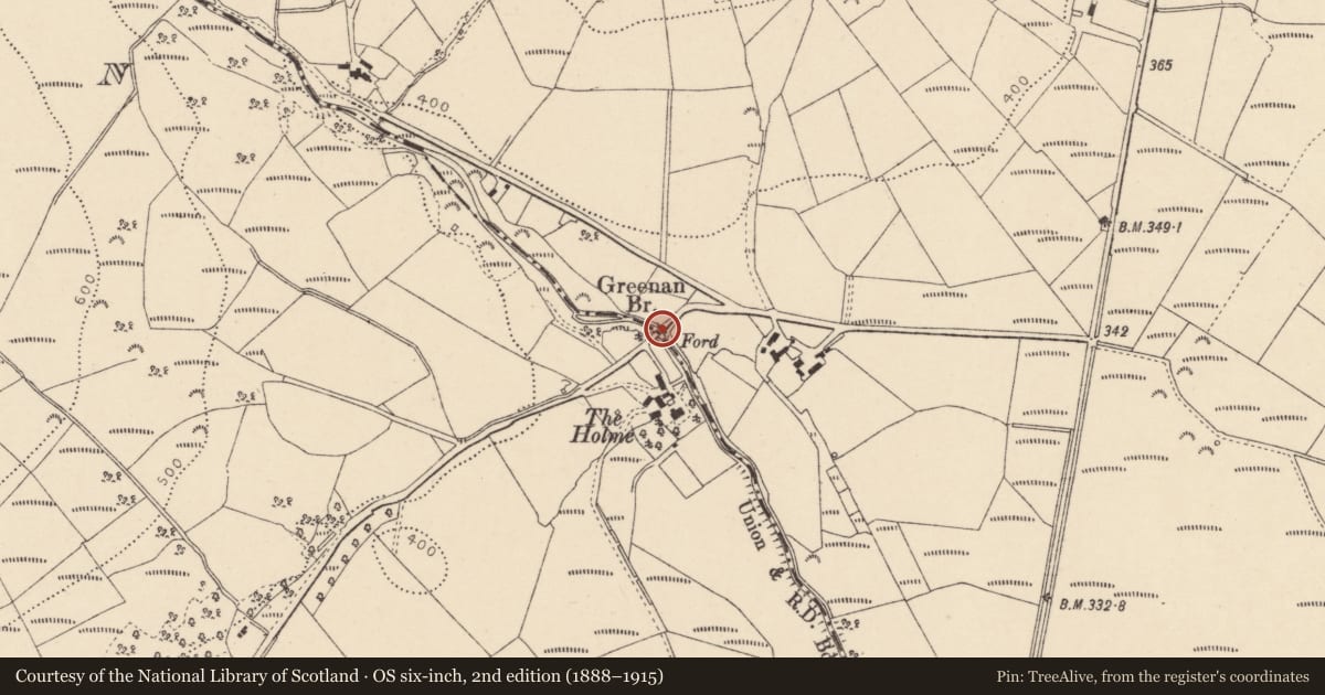 Ordnance Survey six-inch map, 2nd edition (1888–1915) covering the location of Greenan Bridge, Fermanagh and Omagh, with a pin at the register's coordinates