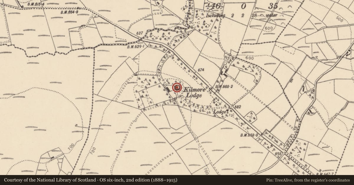 Ordnance Survey six-inch map, 2nd edition (1888–1915) covering the location of Kilmore Lodge, Kilmore Irvine, Derry City and Strabane, with a pin at the register's coordinates