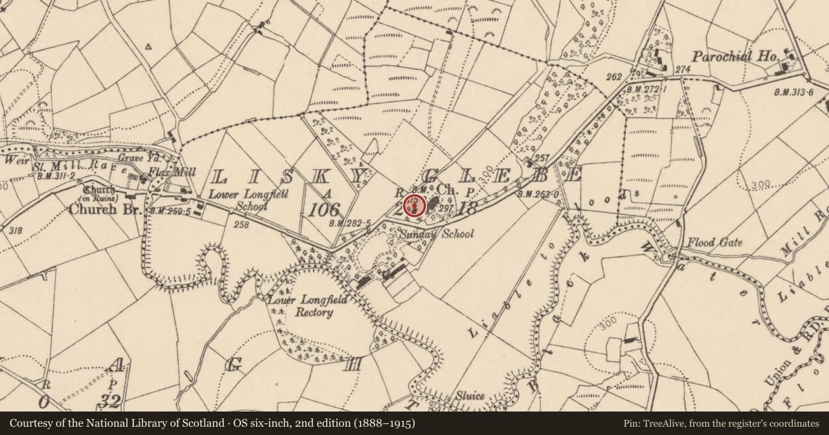 Ordnance Survey six-inch map, 2nd edition (1888–1915) covering the location of Sunday School, Fermanagh and Omagh, with a pin at the register's coordinates