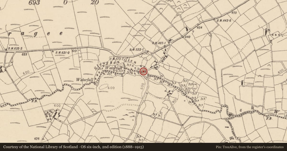 Ordnance Survey six-inch map, 2nd edition (1888–1915) covering the location of Bridge across Sloughan Glen, Sloughan/Curraghmacall, Fermanagh and Omagh, with a pin at the register's coordinates