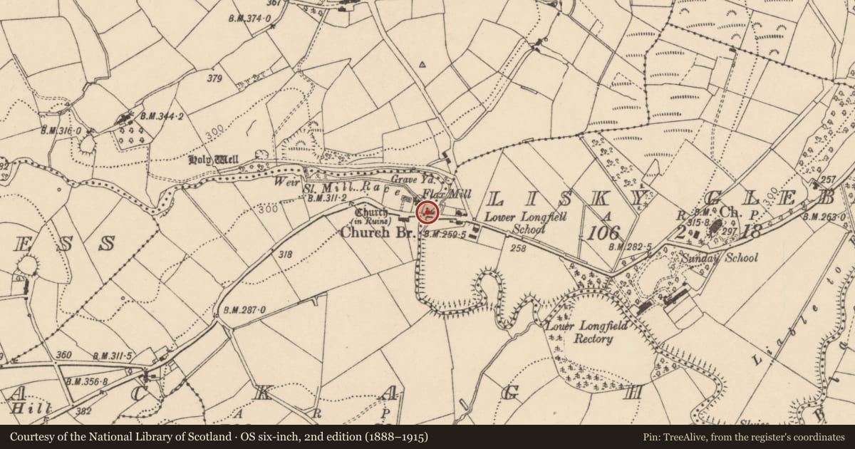 Ordnance Survey six-inch map, 2nd edition (1888–1915) covering the location of Church Bridge, Lisky Glebe/Lackagh, Fermanagh and Omagh, with a pin at the register's coordinates