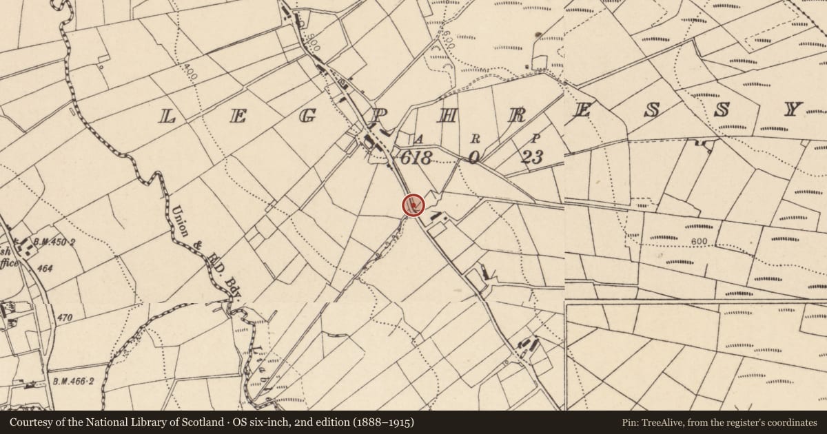 Ordnance Survey six-inch map, 2nd edition (1888–1915) covering the location of Bridge, Legphressy, Fermanagh and Omagh, with a pin at the register's coordinates