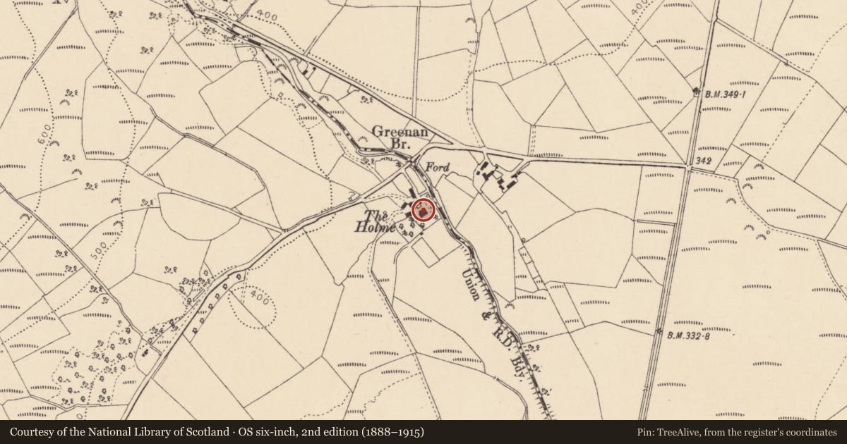 Ordnance Survey six-inch map, 2nd edition (1888–1915) covering the location of The Holme, Greenan, Fermanagh and Omagh, with a pin at the register's coordinates