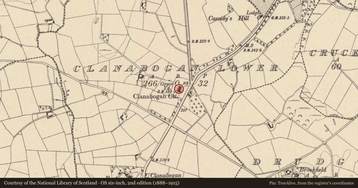 Ordnance Survey six-inch map, 2nd edition (1888–1915) covering the location of Clanabogan Church, Clanabogan Lower, Fermanagh and Omagh, with a pin at the register's coordinates