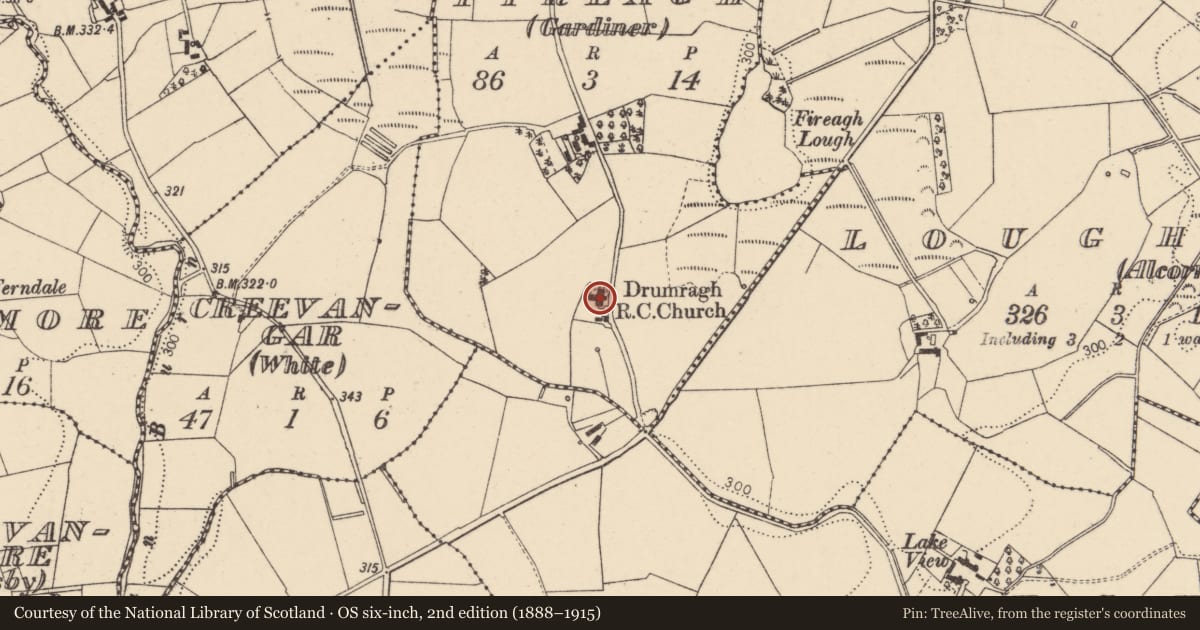 Ordnance Survey six-inch map, 2nd edition (1888–1915) covering the location of St. Mary's RC Church, Fireagh (Gardiner), Fermanagh and Omagh, with a pin at the register's coordinates
