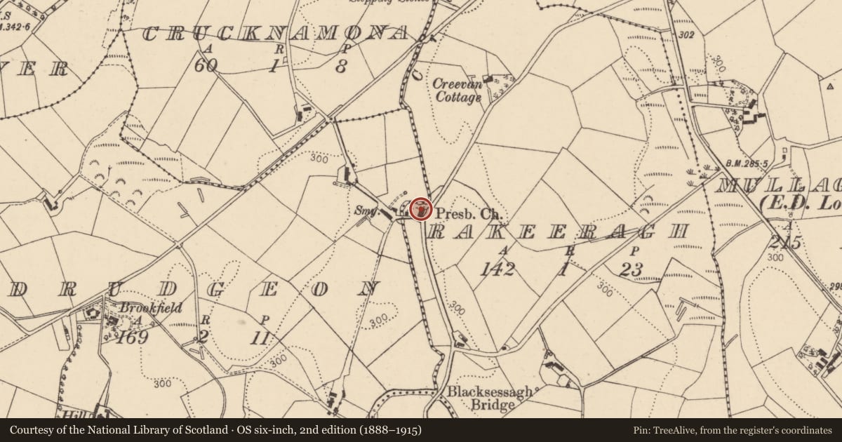 Ordnance Survey six-inch map, 2nd edition (1888–1915) covering the location of Creevan Presbyterian Church, Fermanagh and Omagh, with a pin at the register's coordinates