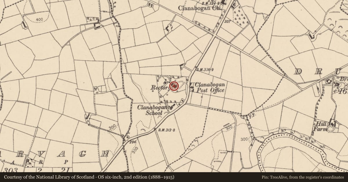 Ordnance Survey six-inch map, 2nd edition (1888–1915) covering the location of The Rectory, Clanabogan Lower, Fermanagh and Omagh, with a pin at the register's coordinates