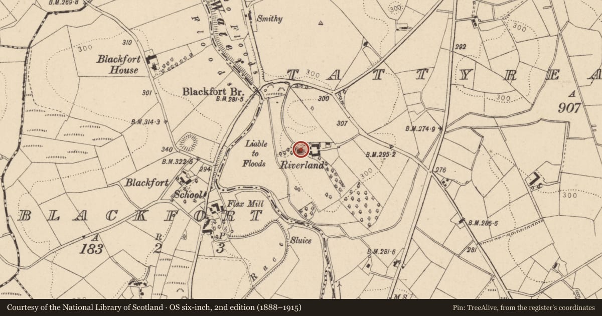 Ordnance Survey six-inch map, 2nd edition (1888–1915) covering the location of Riverland House, Tattyreagh Glebe, Fermanagh and Omagh, with a pin at the register's coordinates