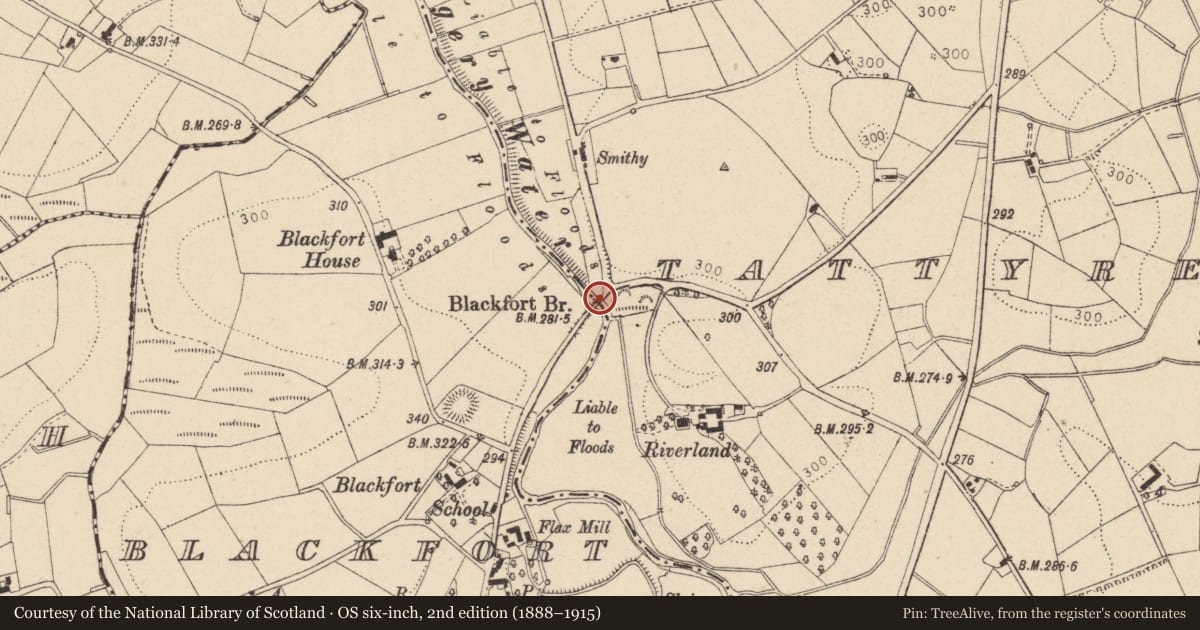 Ordnance Survey six-inch map, 2nd edition (1888–1915) covering the location of Black Fort Bridge over Quiggery Water, Fermanagh and Omagh, with a pin at the register's coordinates