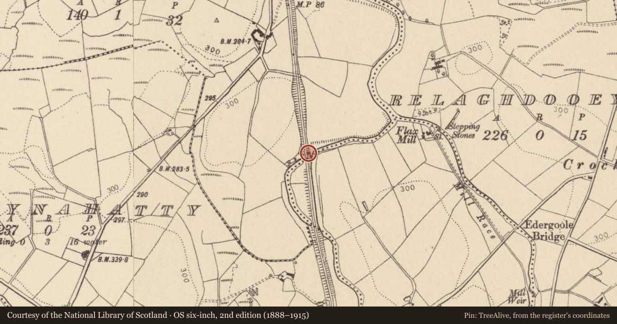 Ordnance Survey six-inch map, 2nd edition (1888–1915) covering the location of Bridge No 28, Fermanagh and Omagh, with a pin at the register's coordinates