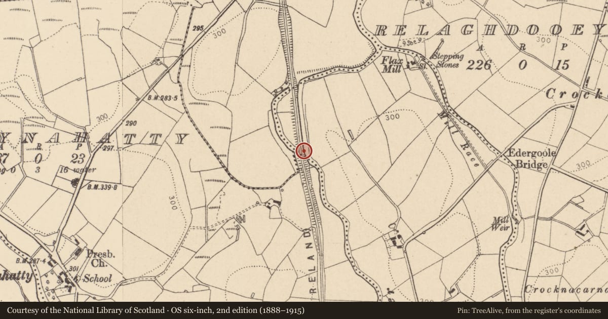 Ordnance Survey six-inch map, 2nd edition (1888–1915) covering the location of Bridge No 27, Fermanagh and Omagh, with a pin at the register's coordinates