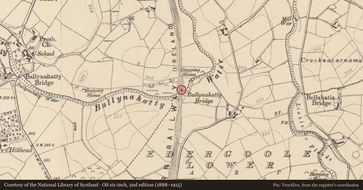 Ordnance Survey six-inch map, 2nd edition (1888–1915) covering the location of Bridge over Ballynahatty Water, Fermanagh and Omagh, with a pin at the register's coordinates