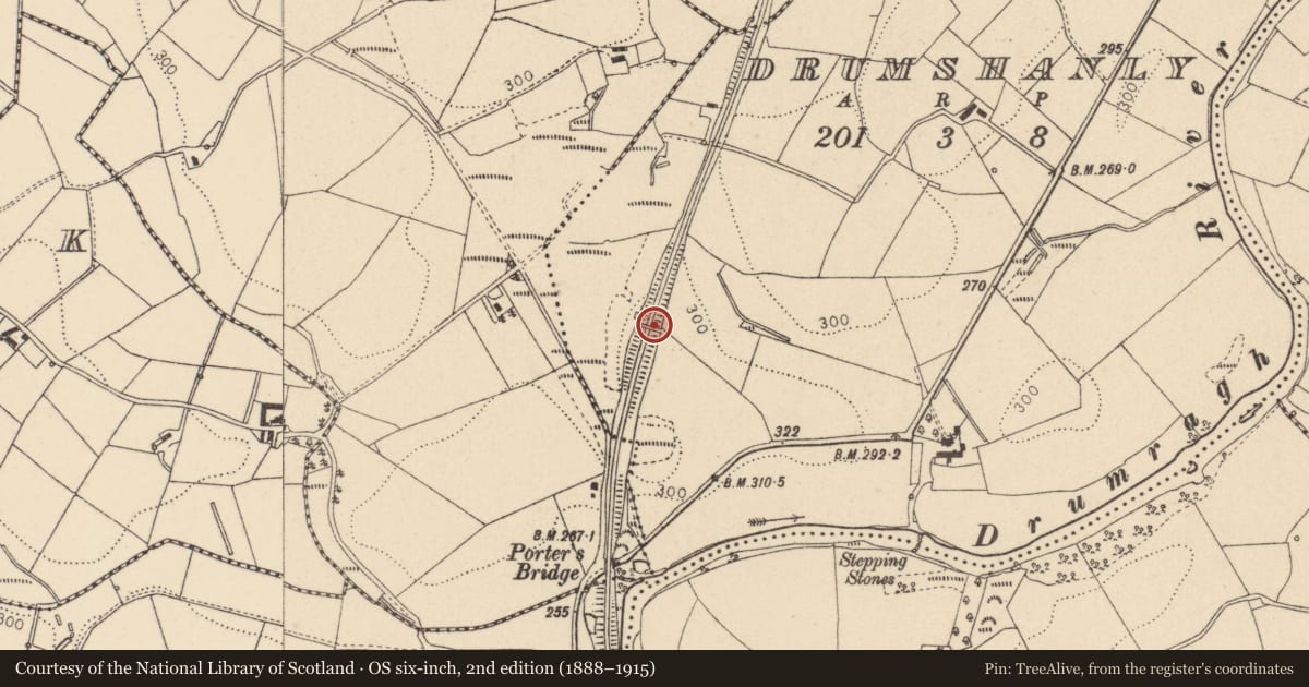 Ordnance Survey six-inch map, 2nd edition (1888–1915) covering the location of Bridge No 30, Fermanagh and Omagh, with a pin at the register's coordinates