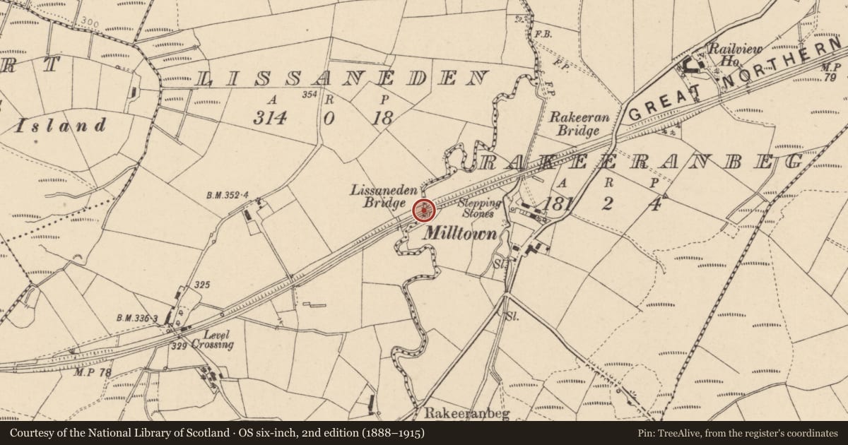 Ordnance Survey six-inch map, 2nd edition (1888–1915) covering the location of Lissanenden Bridge, Fermanagh and Omagh, with a pin at the register's coordinates