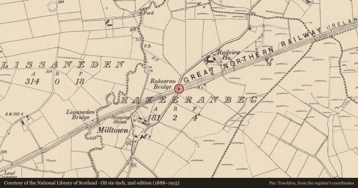 Ordnance Survey six-inch map, 2nd edition (1888–1915) covering the location of Rakeeran Bridge, Fermanagh and Omagh, with a pin at the register's coordinates