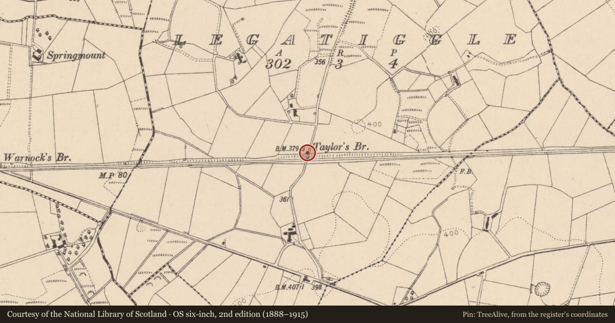 Ordnance Survey six-inch map, 2nd edition (1888–1915) covering the location of Taylors Bridge, Fermanagh and Omagh, with a pin at the register's coordinates