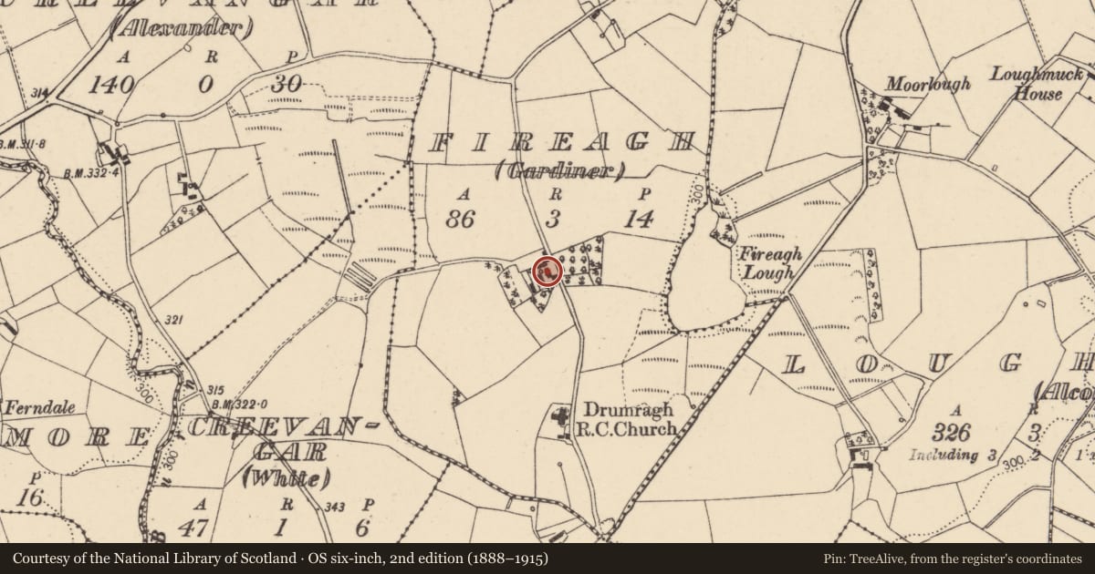 Ordnance Survey six-inch map, 2nd edition (1888–1915) covering the location of 27 Fireagh Road, Fireagh (Gardiner), Fermanagh and Omagh, with a pin at the register's coordinates