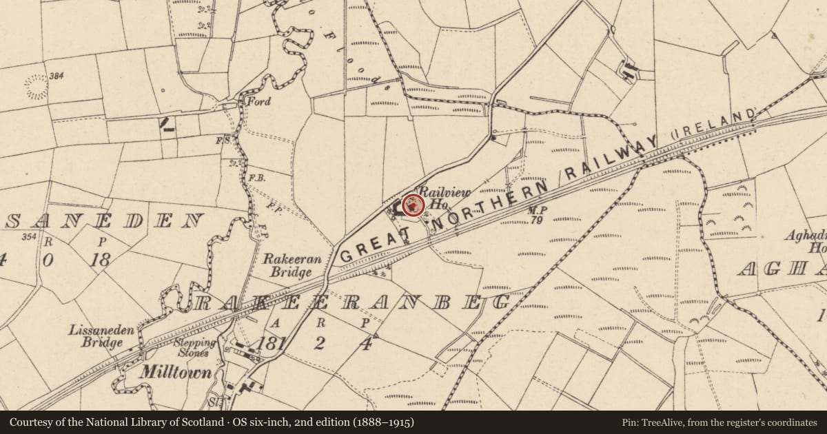 Ordnance Survey six-inch map, 2nd edition (1888–1915) covering the location of Railview House, Rakeeranbeg, Fermanagh and Omagh, with a pin at the register's coordinates
