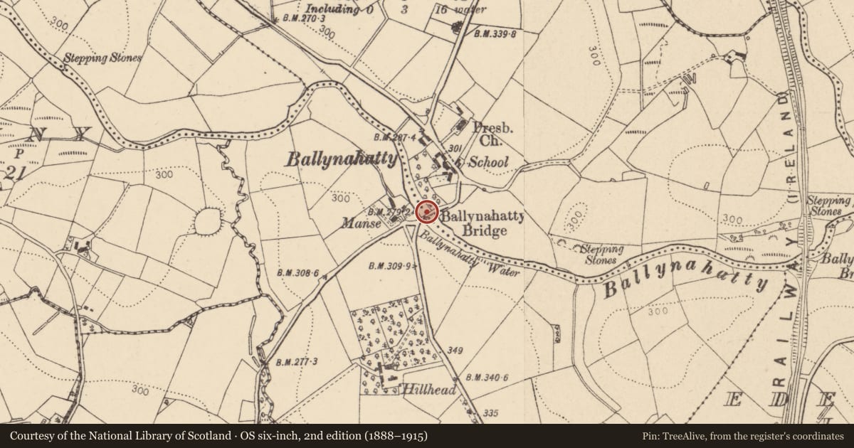Ordnance Survey six-inch map, 2nd edition (1888–1915) covering the location of Ballynahatty Bridge, Ballynahatty Road, Omagh, Co Tyrone, BT78 1PW, Ballynahatty/Edergoole Upper, Fermanagh and Omagh, with a pin at the register's coordinates