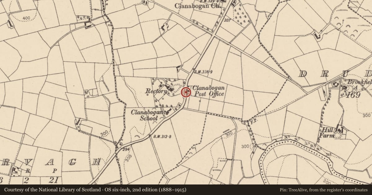 Ordnance Survey six-inch map, 2nd edition (1888–1915) covering the location of Telephone Kiosk, Clanabogan Lower, with a pin at the register's coordinates