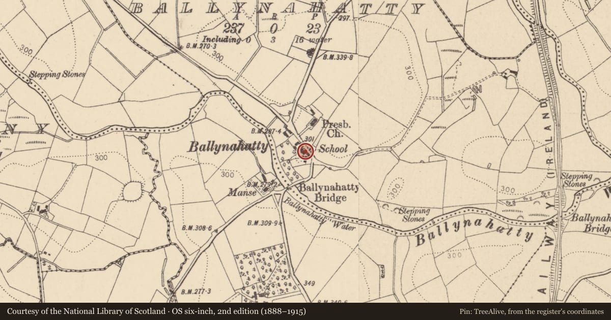 Ordnance Survey six-inch map, 2nd edition (1888–1915) covering the location of Telephone Kiosk, Ballynahatty, with a pin at the register's coordinates