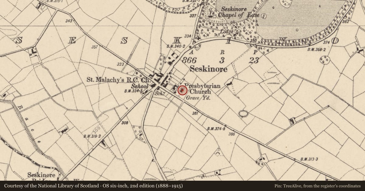 Ordnance Survey six-inch map, 2nd edition (1888–1915) covering the location of Seskinore Presbyterian Church, Fermanagh and Omagh, with a pin at the register's coordinates