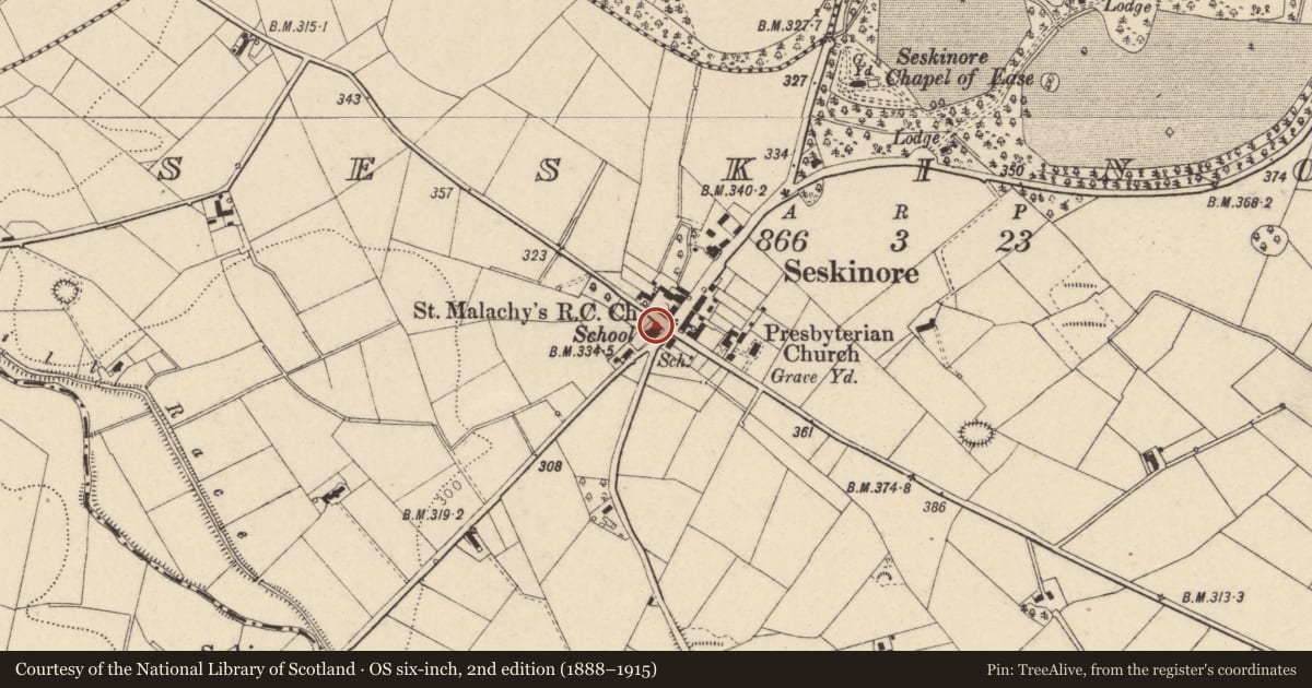 Ordnance Survey six-inch map, 2nd edition (1888–1915) covering the location of Saint Malachy’s Roman Catholic Church, Fermanagh and Omagh, with a pin at the register's coordinates